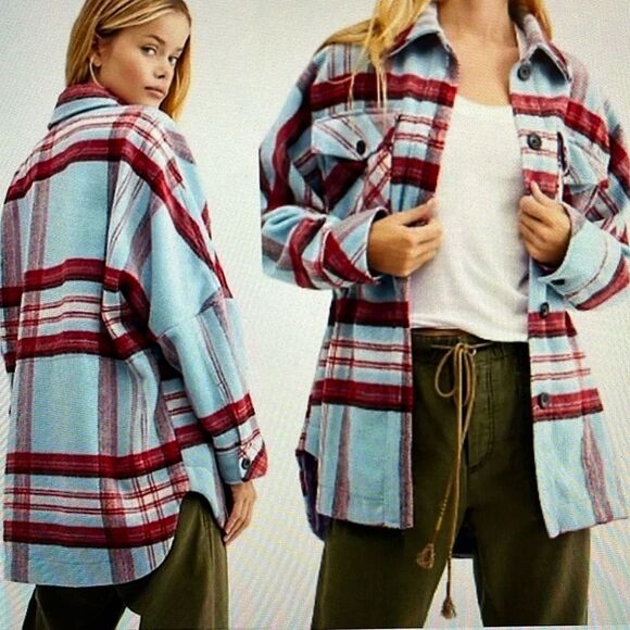Free People We the Free Down for You plaid Shirt Jacket Fleece Size Medium Blue - Picture 1 of 15